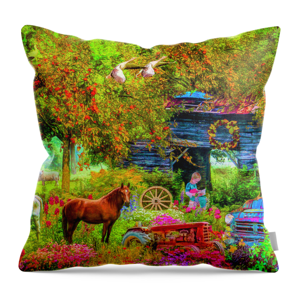 Barns Throw Pillow featuring the digital art Autumn Garden on the Farm by Debra and Dave Vanderlaan