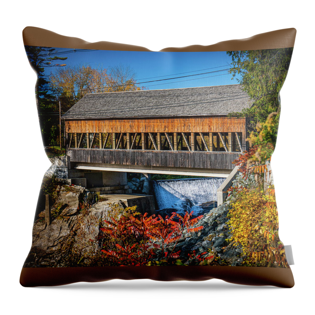 Bridge Throw Pillow featuring the photograph Autumn in Vermont at Quechee Covered Bridge by Ron Long Ltd Photography
