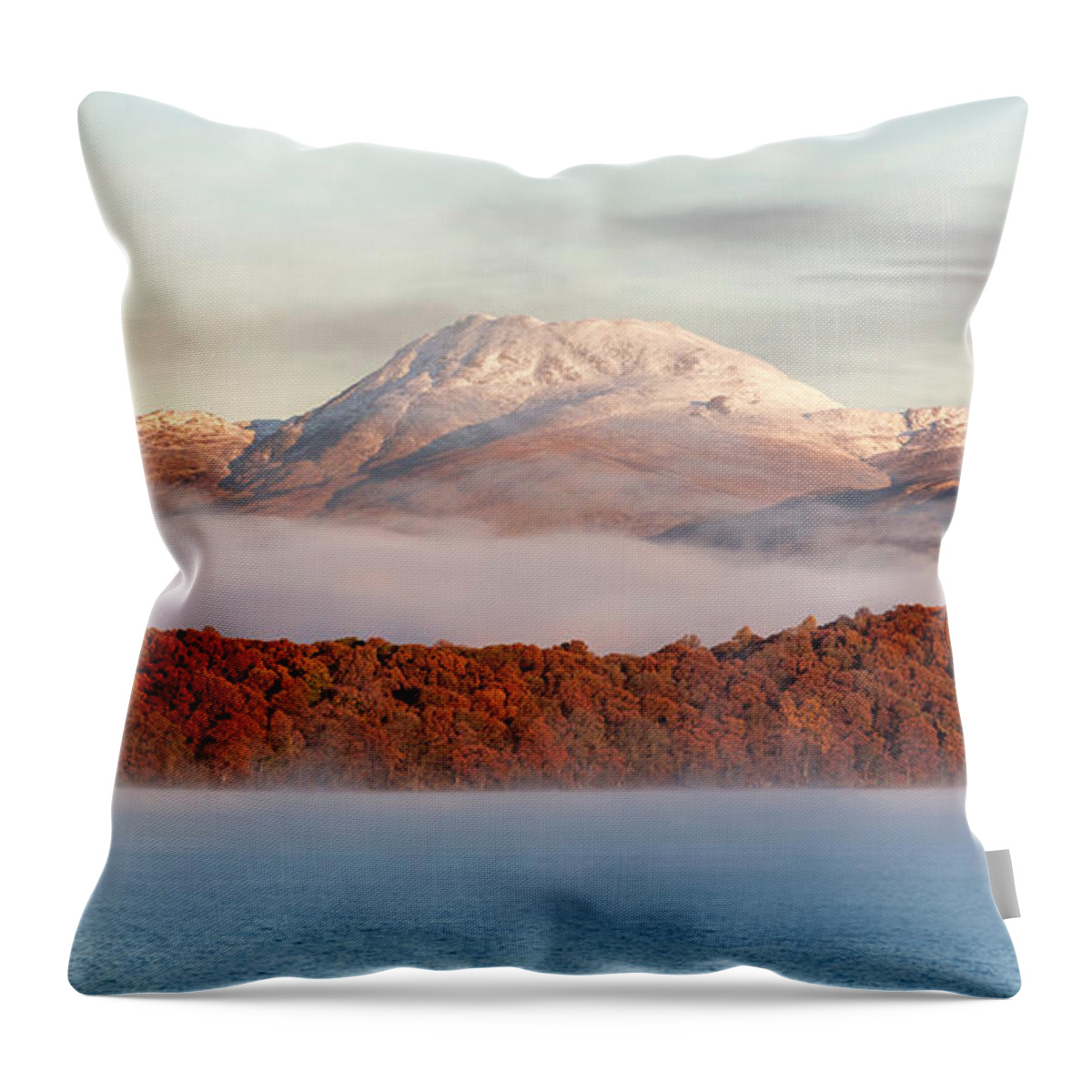 Ben Lomond Throw Pillow featuring the photograph Autumn mist shrouded between Mountain and Loch by Maria Gaellman