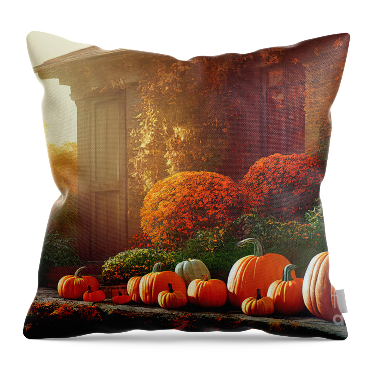 Thanksgiving Throw Pillow featuring the digital art Autumn pumpkins decoration in home garden. Traditional thanksgiv by Jelena Jovanovic