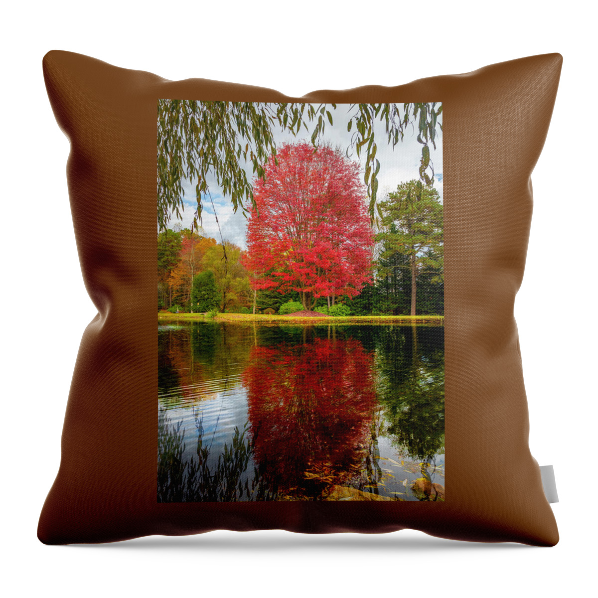 Blairsville Throw Pillow featuring the photograph Autumn Red Maple Reflections at the Lake by Debra and Dave Vanderlaan