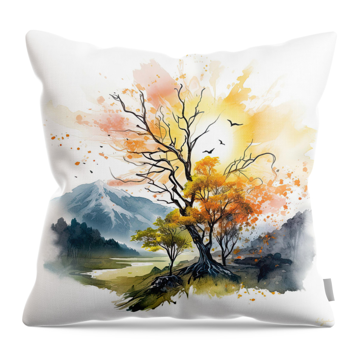 Four Seasons Throw Pillow featuring the painting Autumn Rhapsody - Four Seasons Landscapes by Lourry Legarde