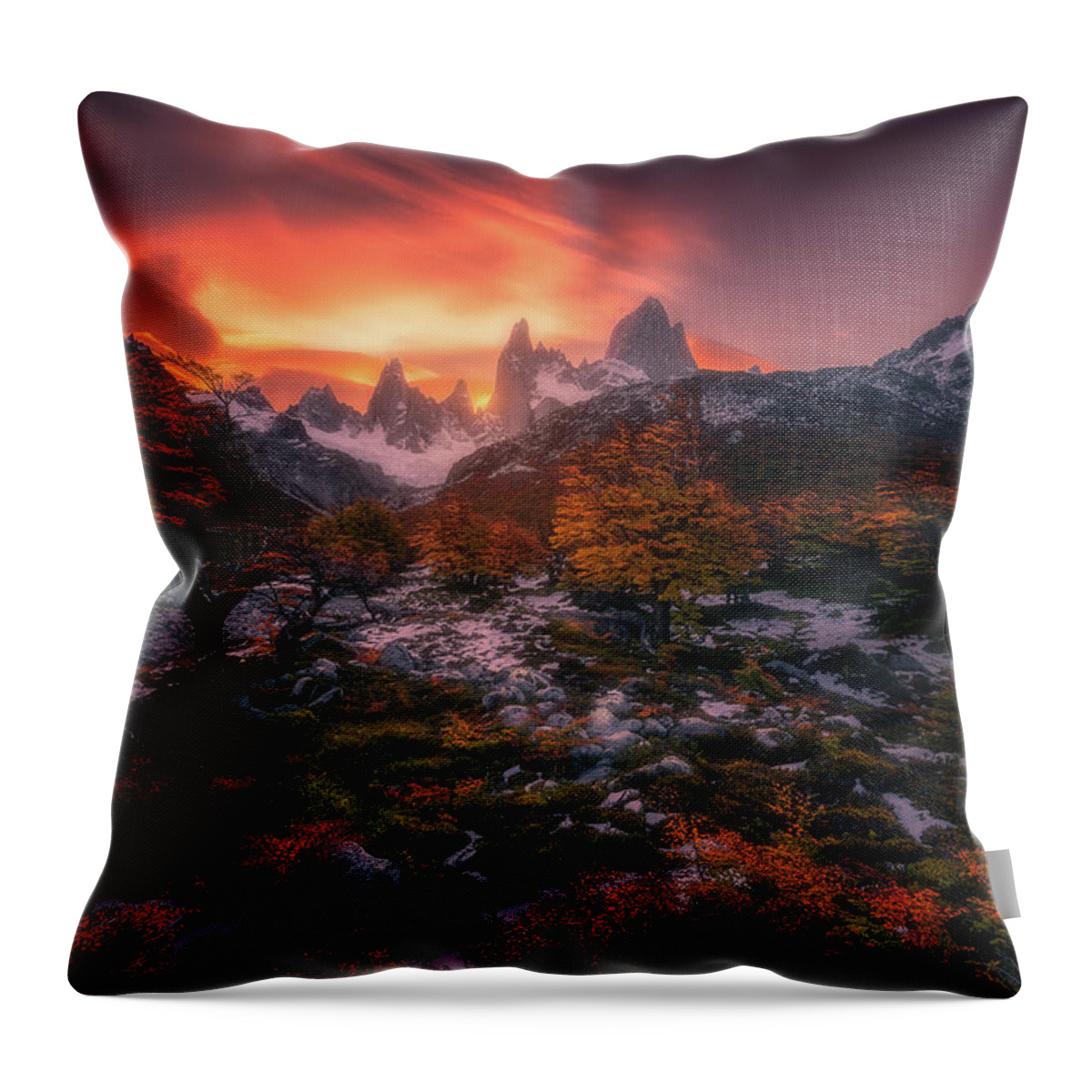 Fitz Roy Throw Pillow featuring the photograph Autumn Sunset at Fitz Roy by Henry w Liu