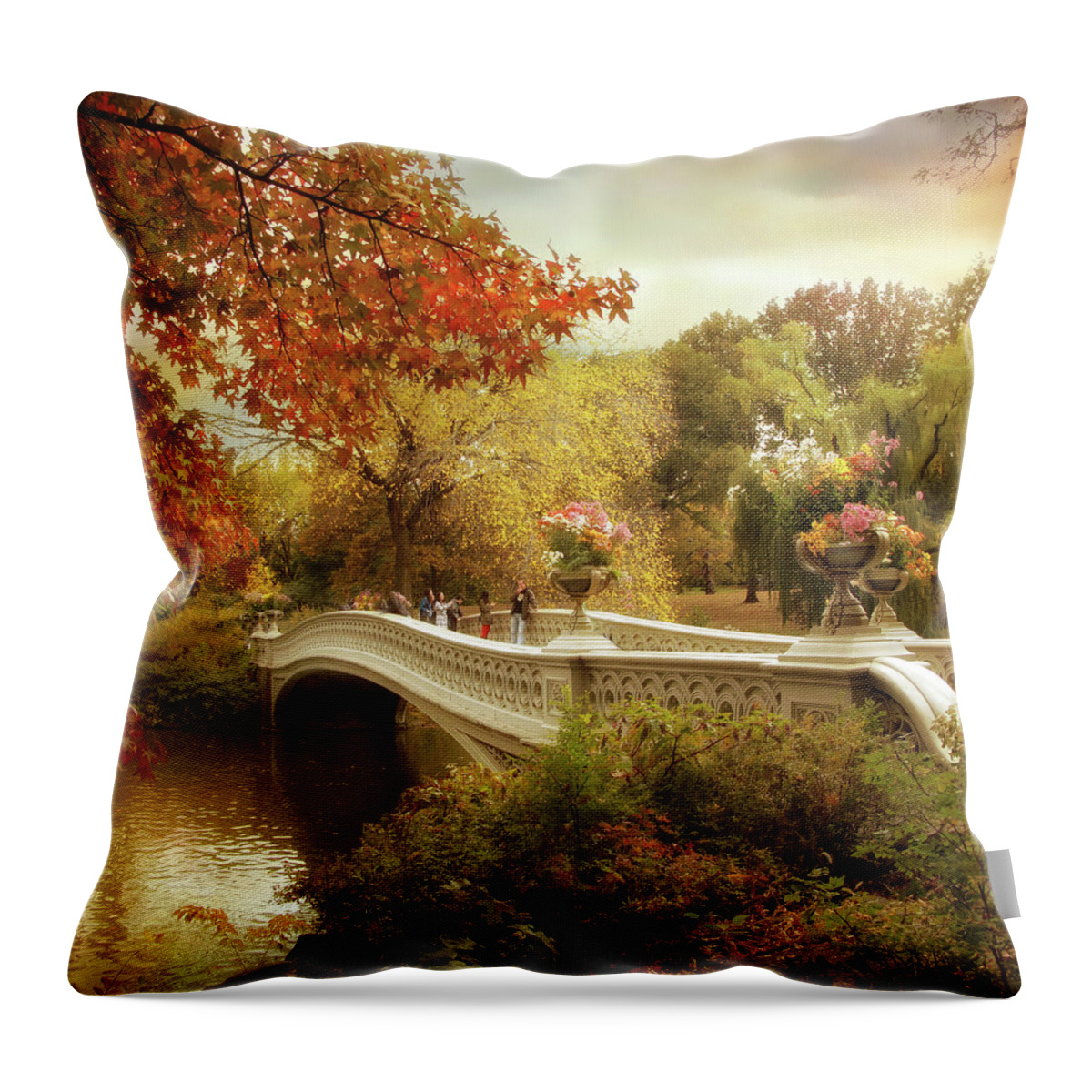Bow Bridge Throw Pillow featuring the photograph Autumn's Arrival at Bow Bridge by Jessica Jenney