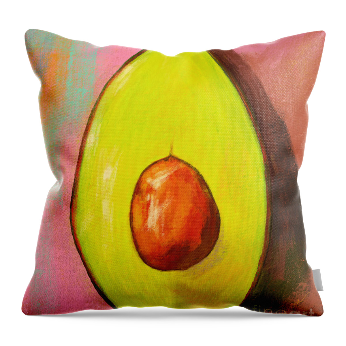 Green Avocado Throw Pillow featuring the painting Avocado Half with Seed Kitchen Decor in Pink by Patricia Awapara