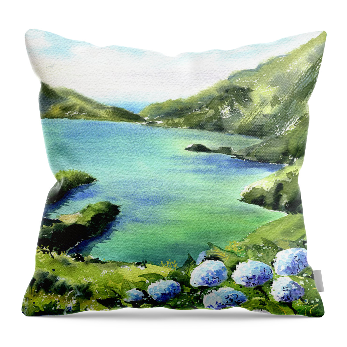 Portugal Throw Pillow featuring the painting Azores Sao Miguel Lagoa Do Fogo Painting by Dora Hathazi Mendes