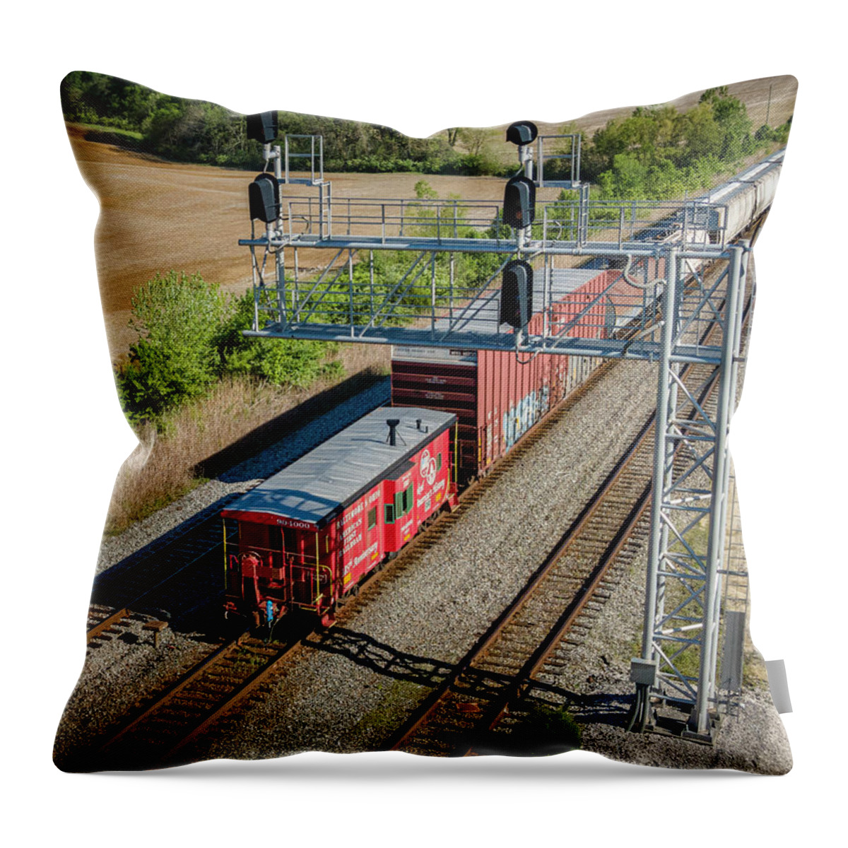 Railroad Throw Pillow featuring the photograph B and O 185th Anniversary Caboose northbound at Princeton Indiana by Jim Pearson