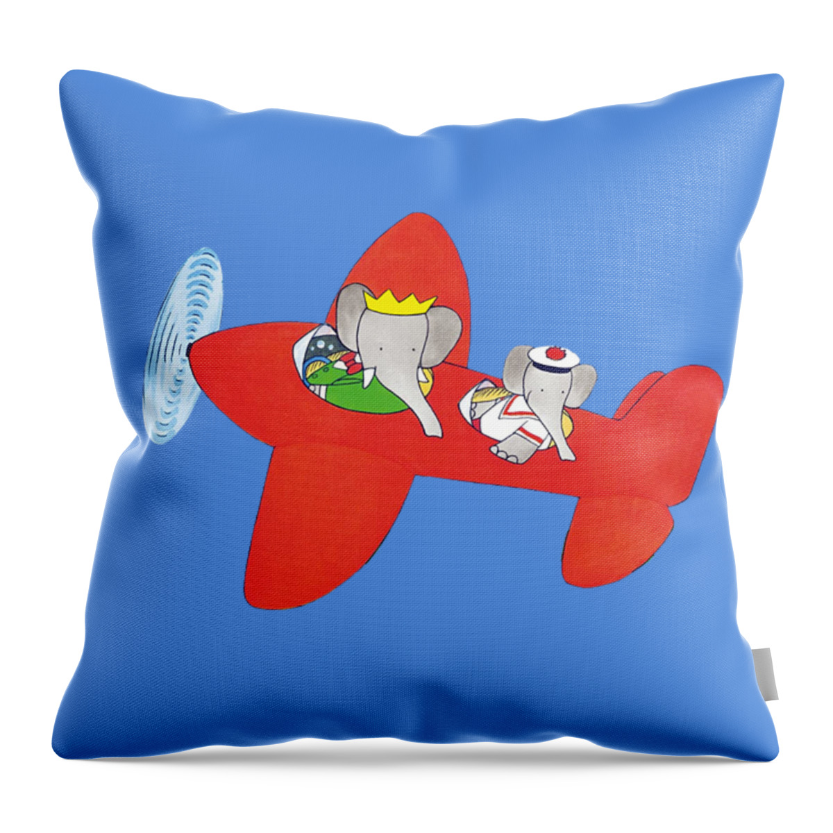 Babar Riding A Bike Throw Pillow featuring the drawing Babar flying a plane by Jean de Brunhoff