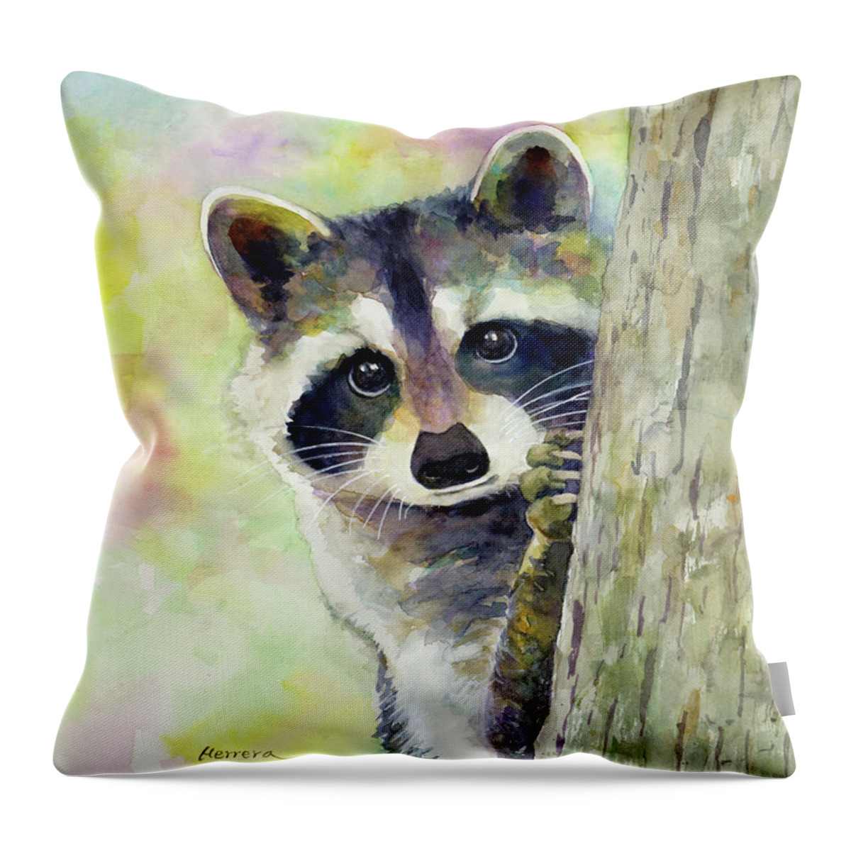 Raccoon Throw Pillow featuring the painting Baby Raccoon Peeking by Hailey E Herrera