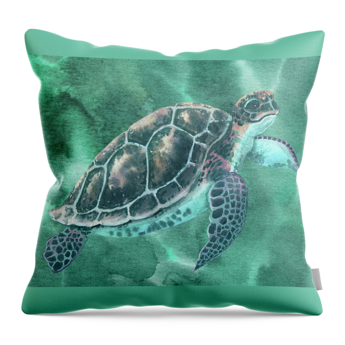 Baby Turtle Throw Pillow featuring the painting Baby Turtle In Teal Blue Green Waters Watercolor by Irina Sztukowski