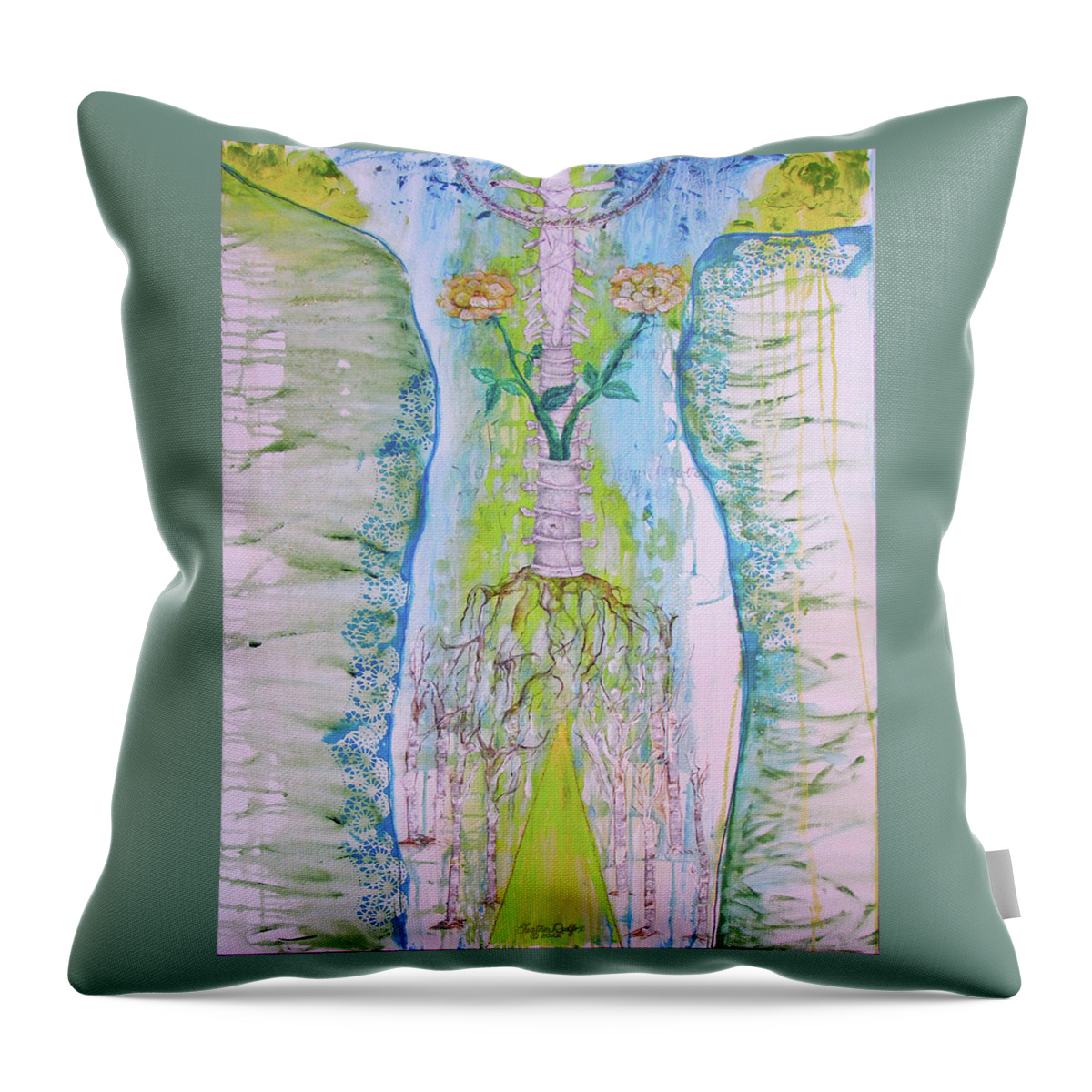 Peace Throw Pillow featuring the painting Back bone of Peace The Strength of Lace, Beauty of Roses, and Connectedness of Aspen by Feather Redfox