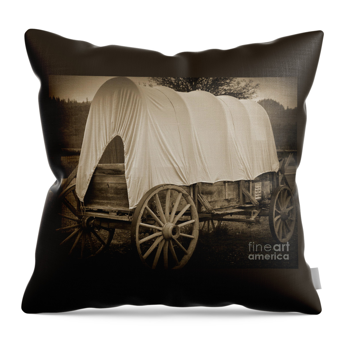 Sepia Throw Pillow featuring the digital art Old Covered Wagon by Kirt Tisdale