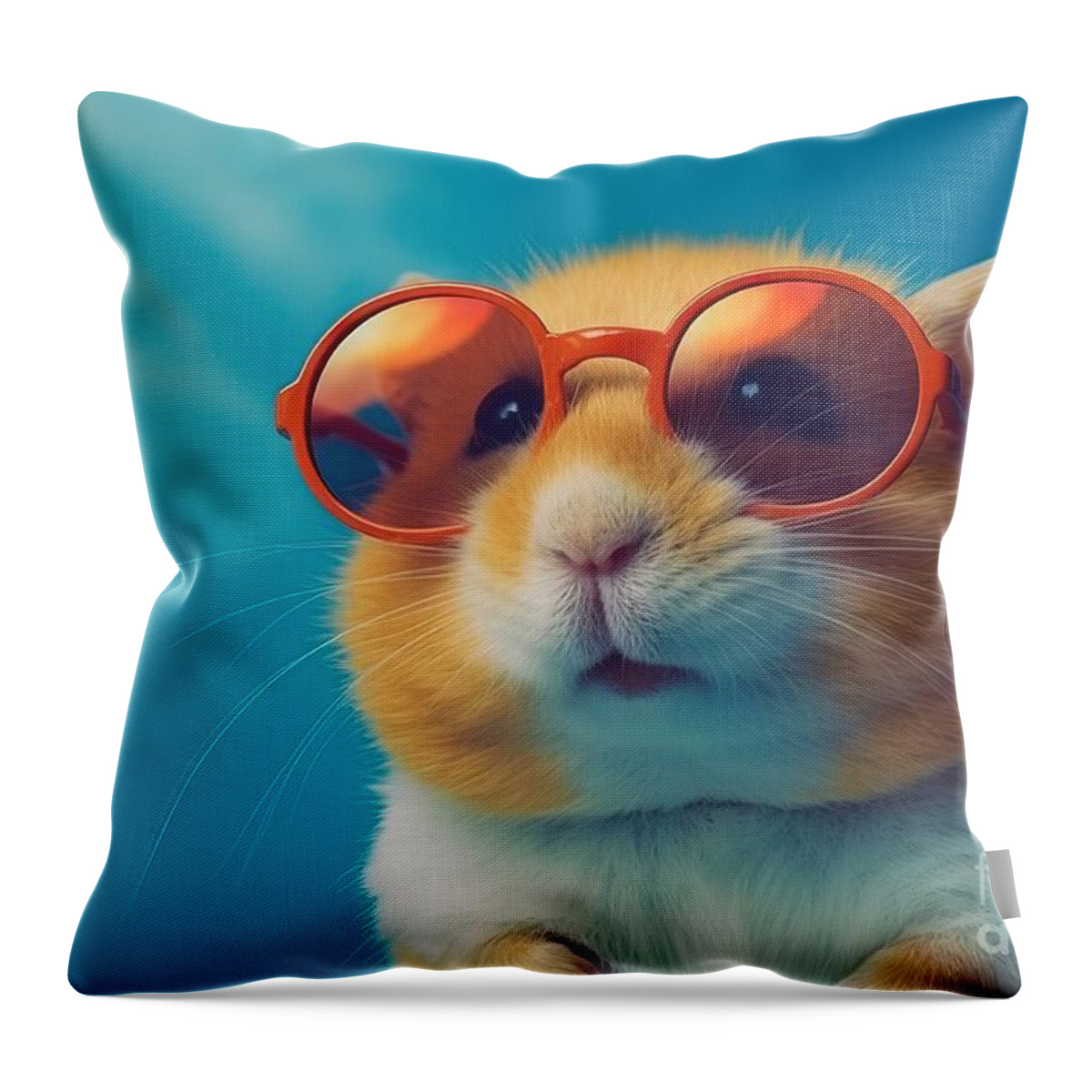 Hamster Throw Pillow featuring the painting Backdrop Blue Superimposed Sunglasses Donning Hamster Cool Adorable Pet Rodent Cute Tiny Small Furry Fun Animal Paw Whisker Stylish Groovy Funky Unique Fashion Trendy Hipster Shades Eyewear Bright by N Akkash
