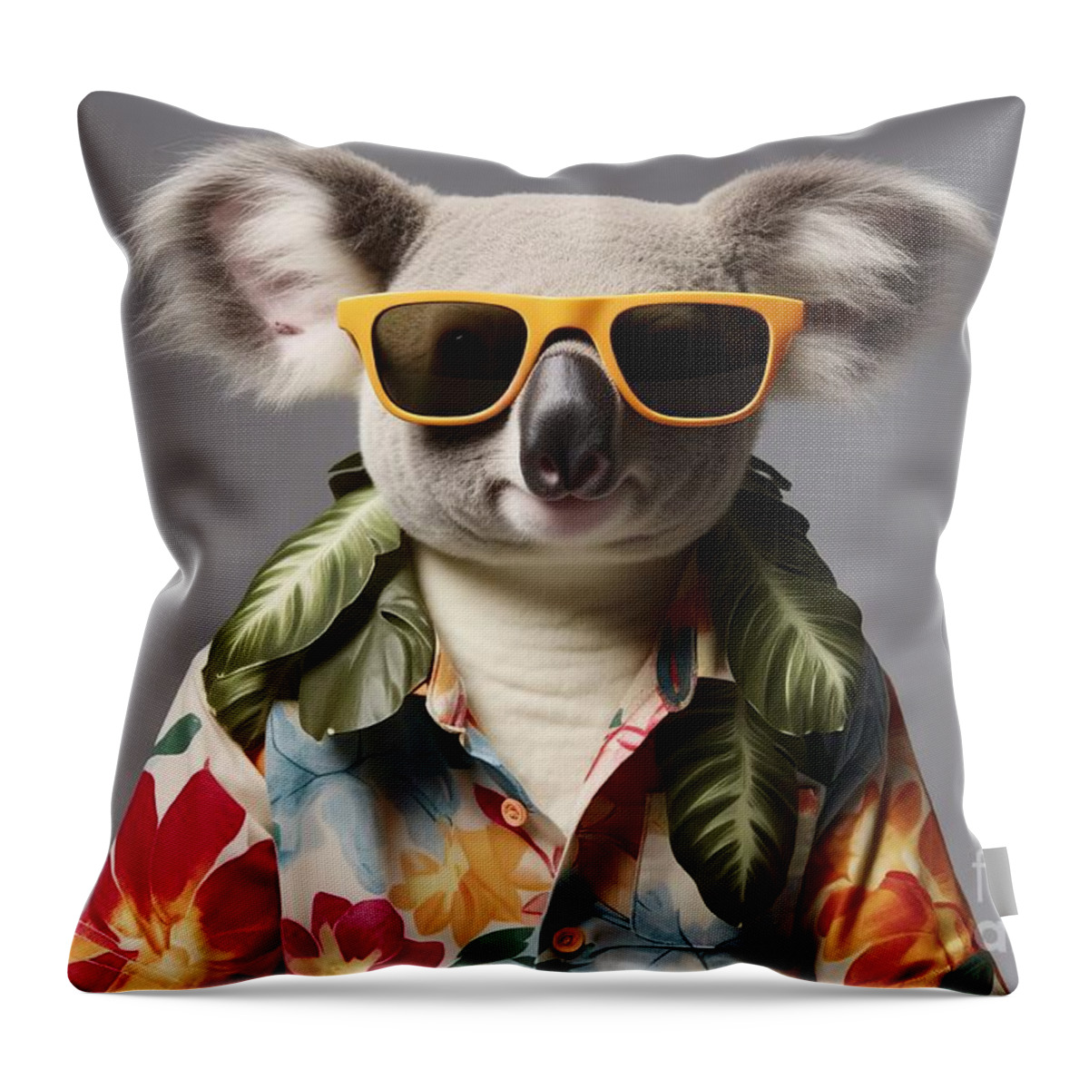 Carnival Throw Pillow featuring the painting Background Grey Collar Flower Head It's Leaves Sunglasses Shirt Hawaiian Wearing Koala Carnival Mask Face Venice Costume Italy Party Red Fun Masquerade White Person Female Joy H Ai Dog Animal by N Akkash