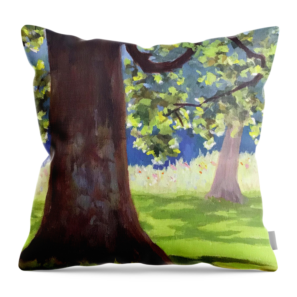 Tree Throw Pillow featuring the painting Backyard Haze by Anne Marie Brown