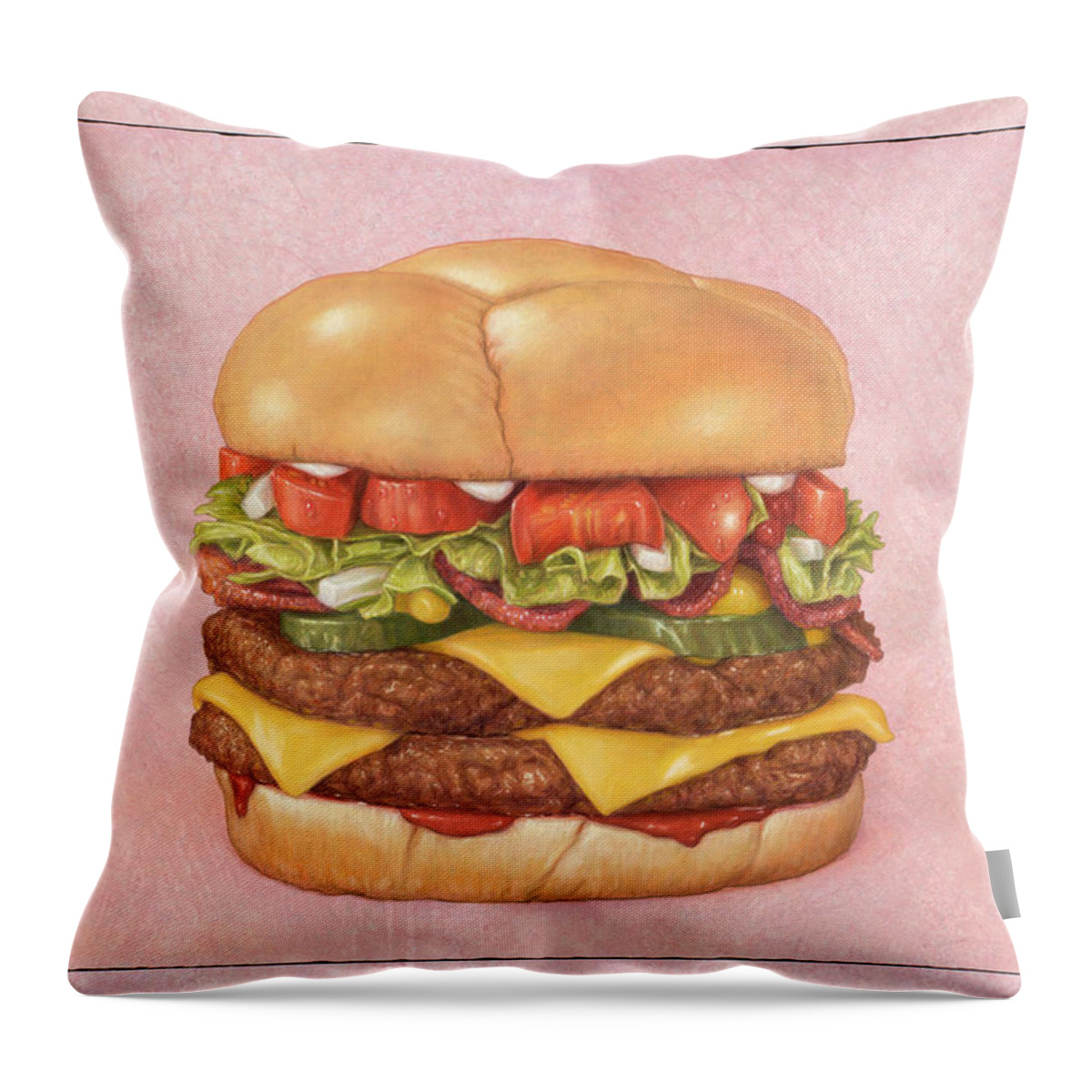 Burger Throw Pillow featuring the painting Bacon Double Cheeseburger by James W Johnson