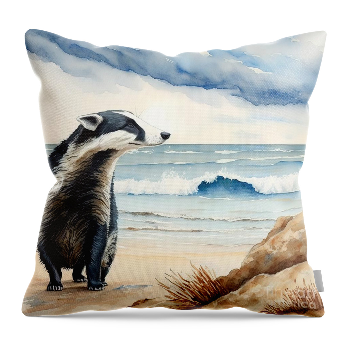 Scotland Throw Pillow featuring the painting Badger at the beach by N Akkash