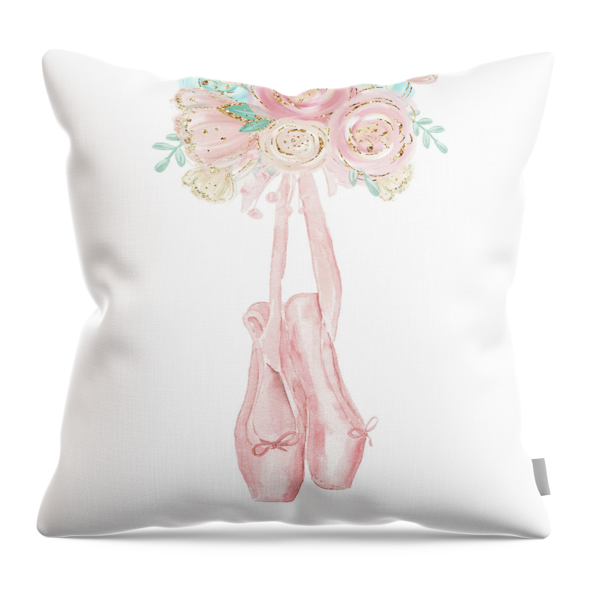 Ballerina Throw Pillow featuring the digital art Ballerina Ballet Shoes Floral Feather Watercolor Gold Pink Mint by Pink Forest Cafe