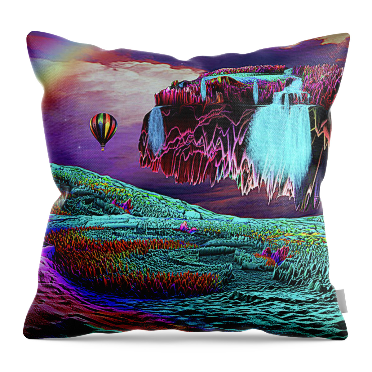 Art Throw Pillow featuring the digital art Balloon Adventure Over Neverend Isle by Artful Oasis