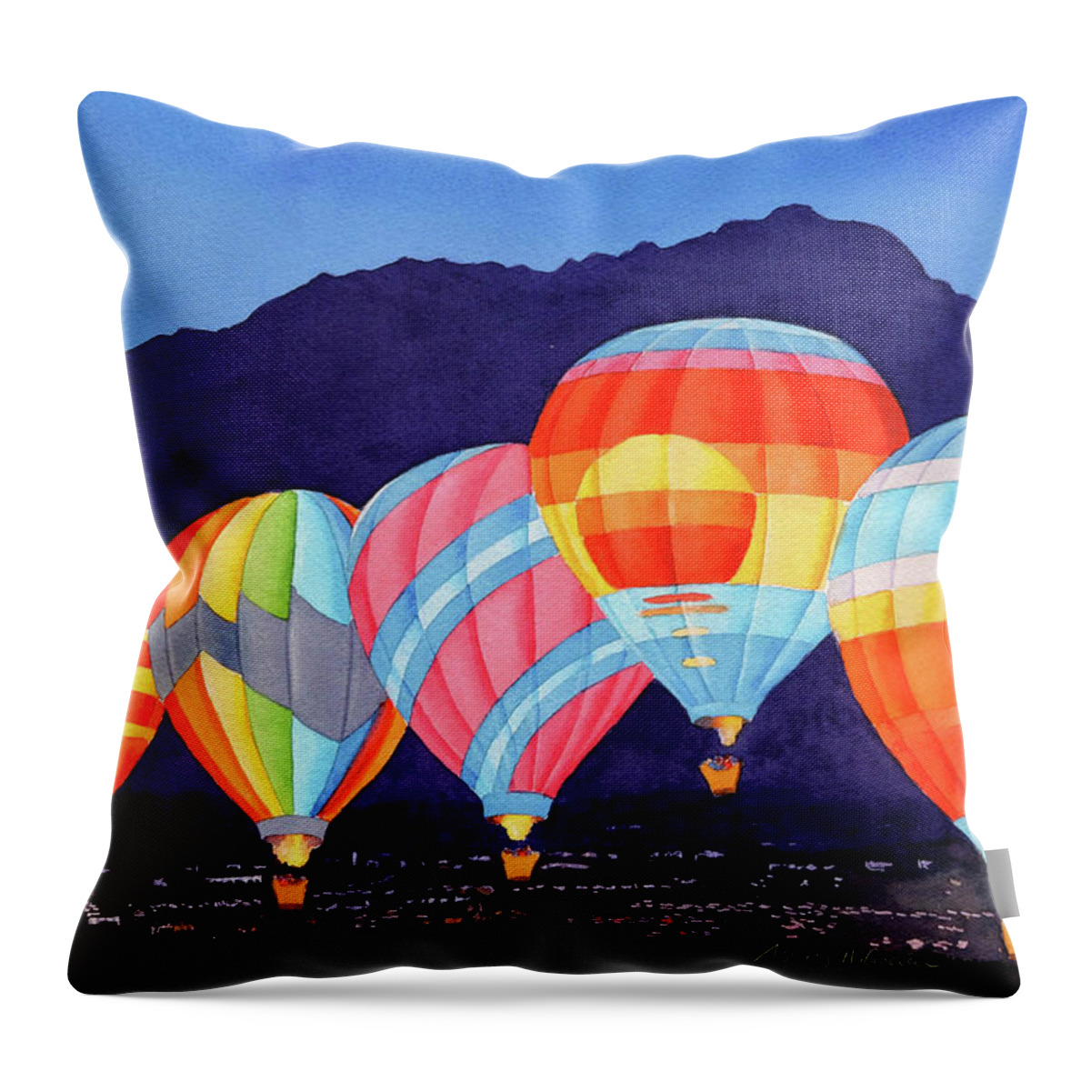 Balloons Throw Pillow featuring the painting Balloons over Palm Springs at Night by Mary Helmreich
