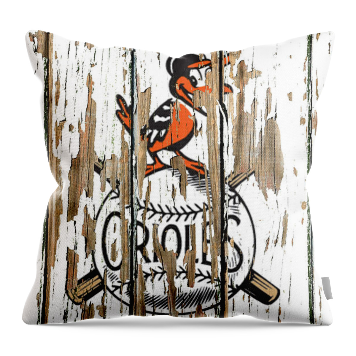 Baltimore Orioles Throw Pillow featuring the mixed media Baltimore Orioles Vintage Logo on White Peeling Barn Wood Paint by Design Turnpike