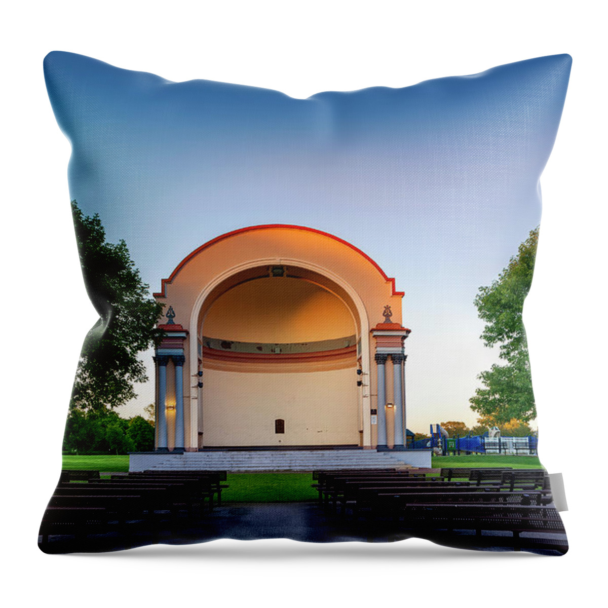 Bandshell Throw Pillow featuring the photograph Bandshell at sunset by Al Mueller