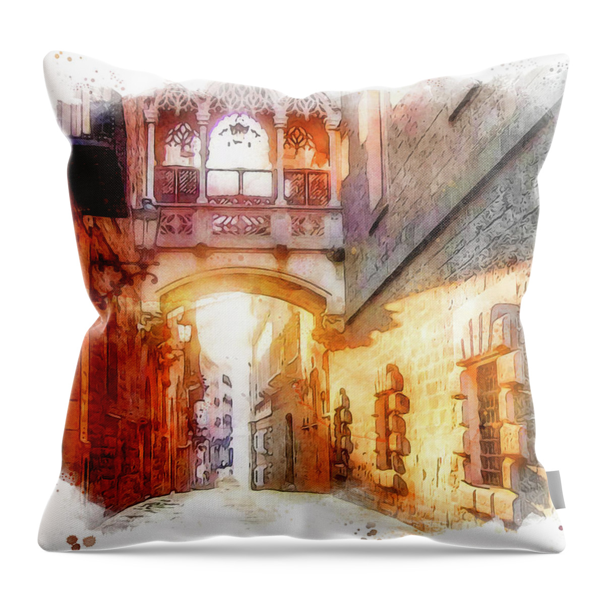 Barcelona Throw Pillow featuring the painting Barcelona, Gothic Quarter - 01 by AM FineArtPrints