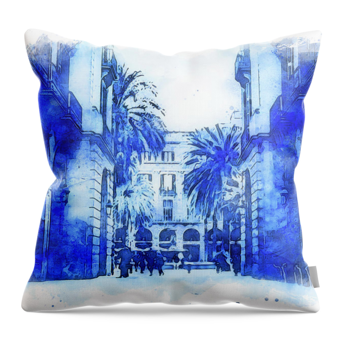 Barcelona Throw Pillow featuring the painting Barcelona, Gothic Quarter - 14 by AM FineArtPrints