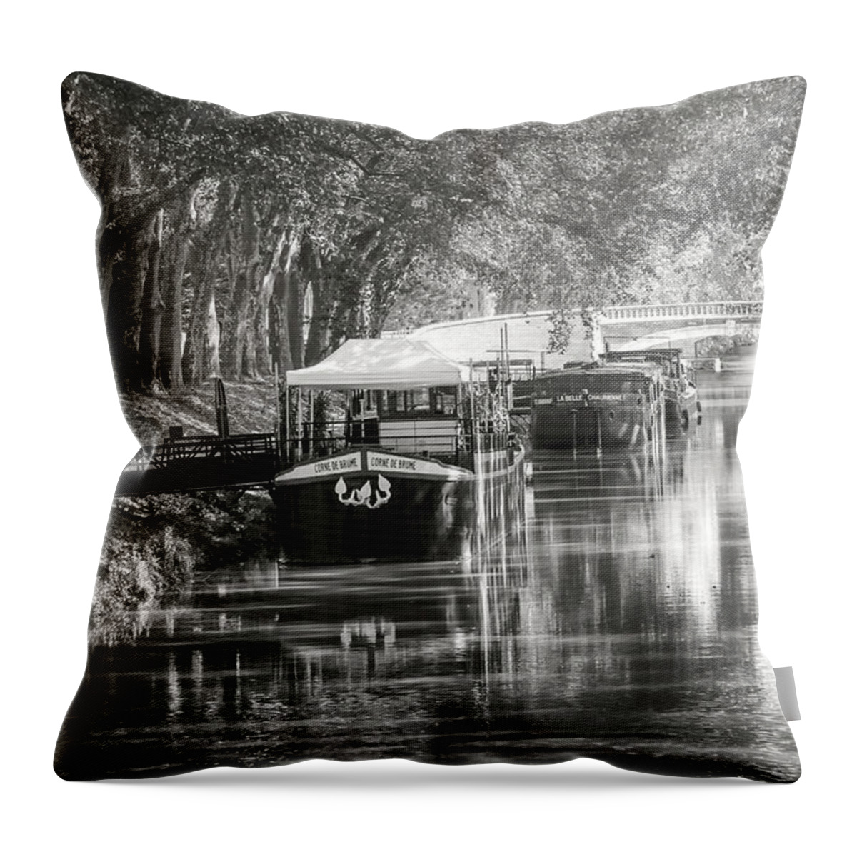 Toulouse Throw Pillow featuring the photograph Barges on Canal de Brienne Toulouse France Black and White by Carol Japp