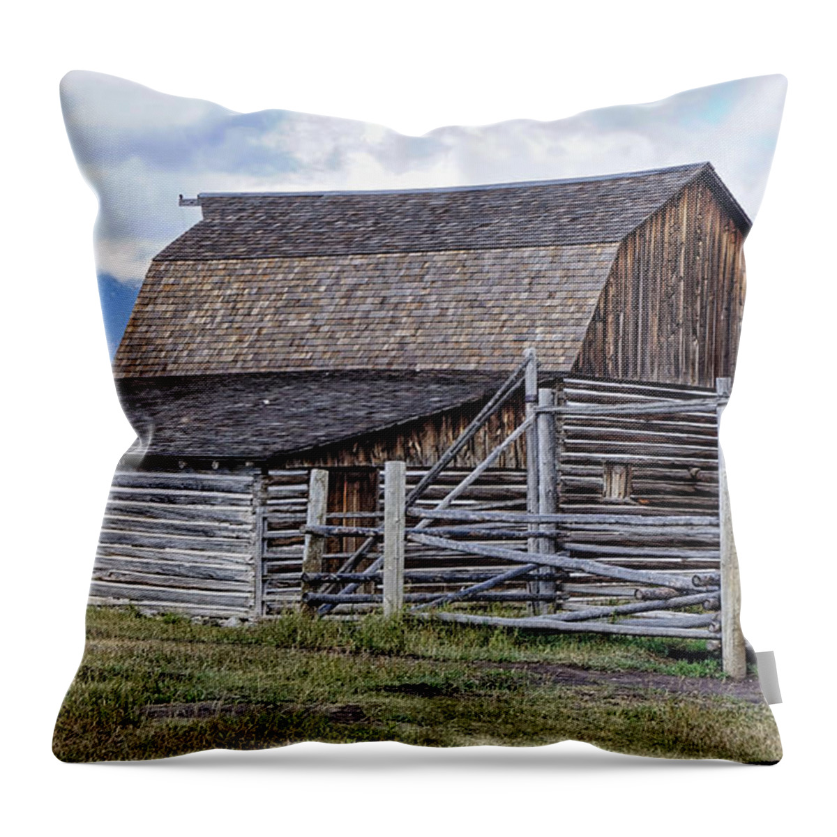 Barn In Grand Tetons Throw Pillow featuring the photograph Barn in the Tetons by Cathy Anderson