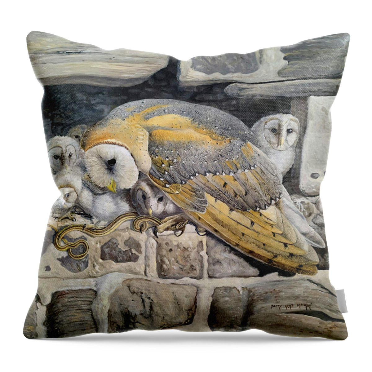 Barn Owl Throw Pillow featuring the painting Barn Owl Family by Barry Kent MacKay