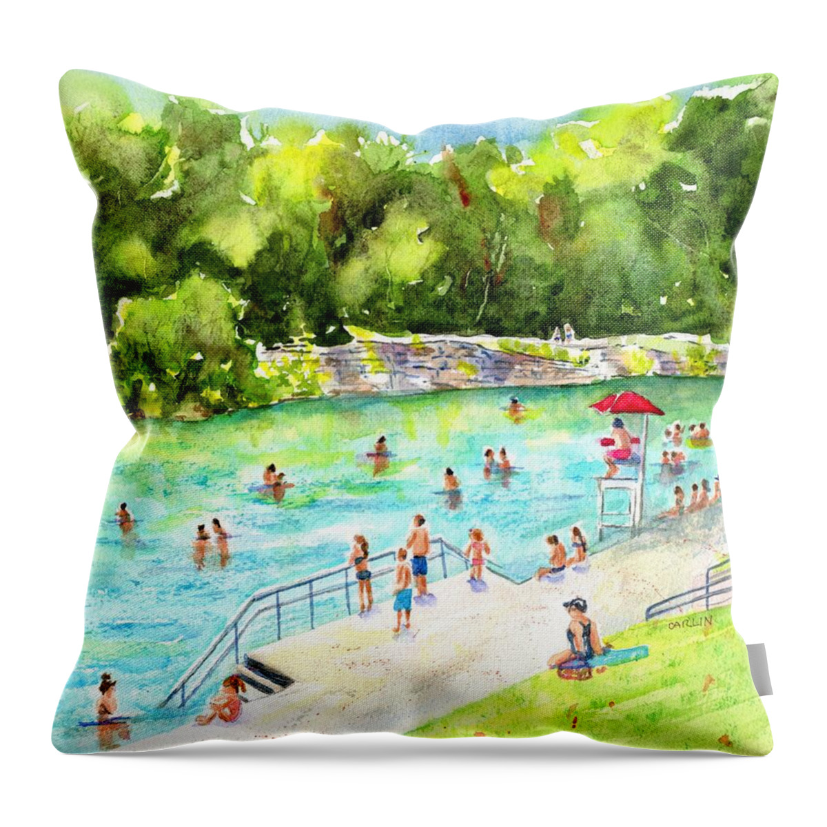 Austin Throw Pillow featuring the painting Barton Springs Pool by Carlin Blahnik CarlinArtWatercolor