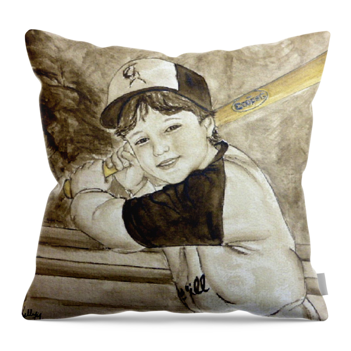 Bat Throw Pillow featuring the painting Baseball at it's best by Kelly Mills