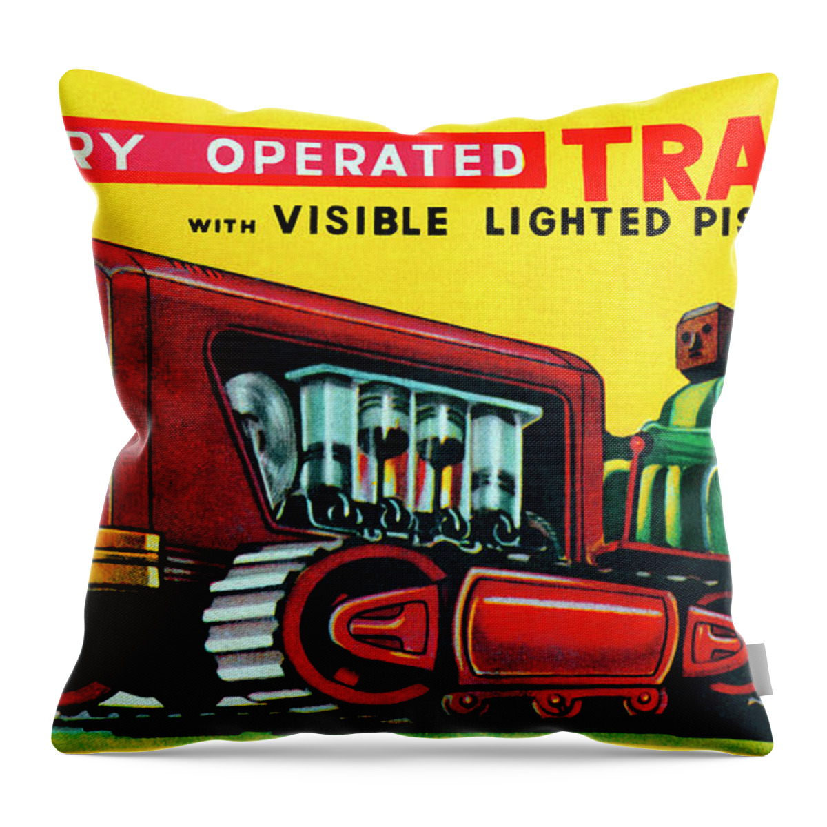 Vintage Toy Posters Throw Pillow featuring the drawing Battery Operated Tractor by Vintage Toy Posters