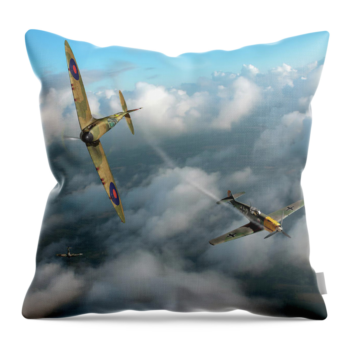 Spitfire Throw Pillow featuring the photograph Battle of Britain Spitfire shoots down Messerschmitt Bf 109 by Gary Eason