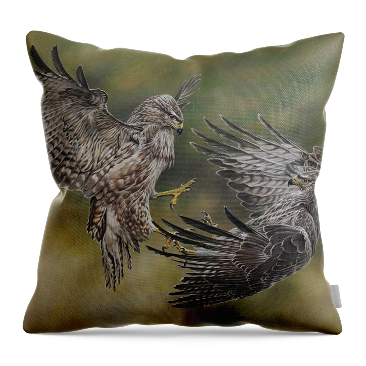 Buzzards Throw Pillow featuring the painting Battling Buteos by Alan M Hunt