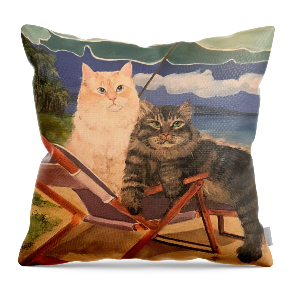 Siberian Cats Throw Pillow featuring the painting Beach Bums by Linda Kegley
