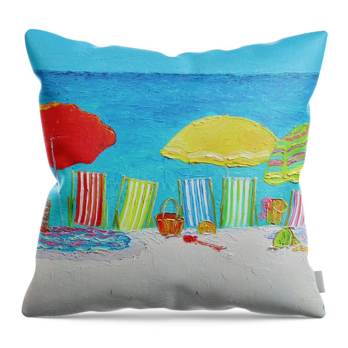 Beach Throw Pillow featuring the painting Beach Painting - Deck Chairs by Jan Matson