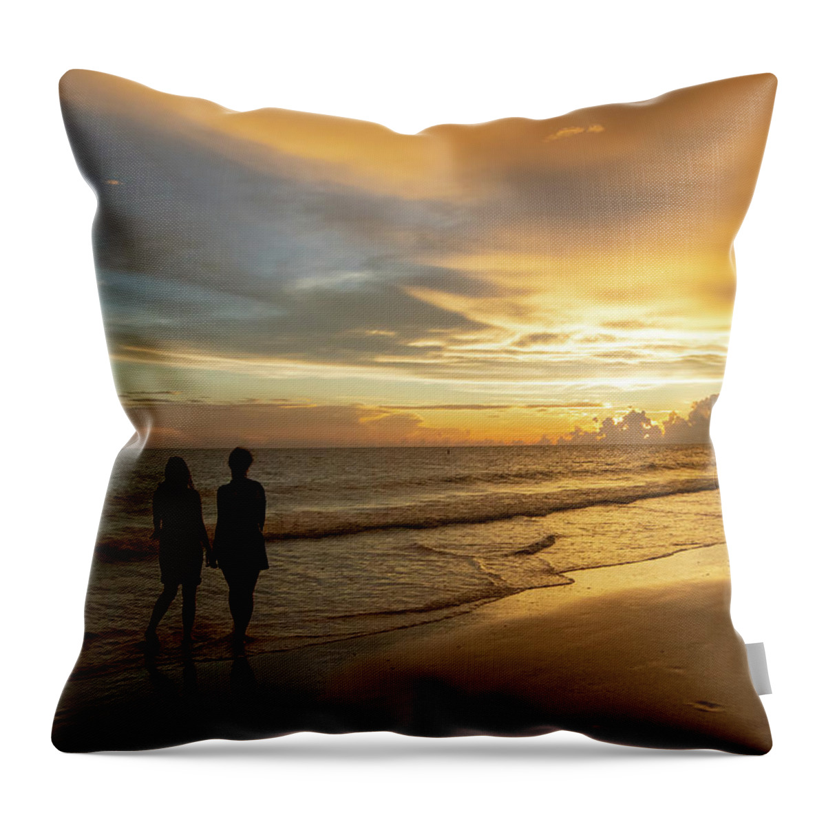 Beach Throw Pillow featuring the photograph Beach Sunset Walk by Carolyn Hutchins
