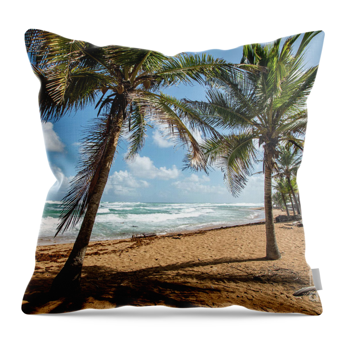 Piñones Throw Pillow featuring the photograph Beach Waves and Palm Trees, Pinones, Puerto Rico by Beachtown Views