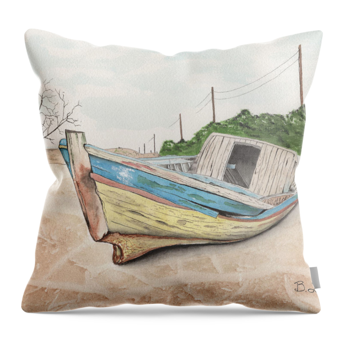 Watercolor Throw Pillow featuring the painting Beached by Bob Labno