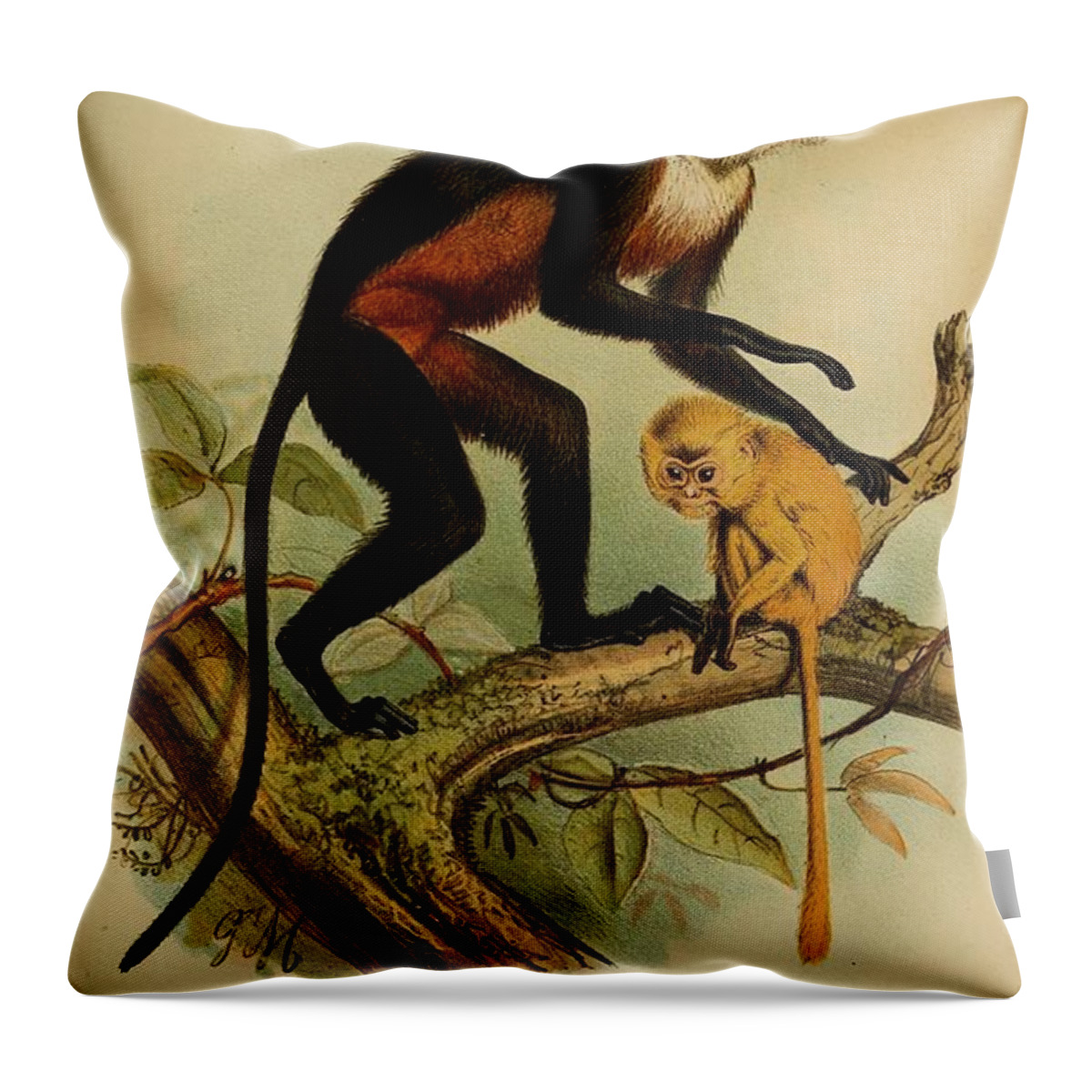 John Throw Pillow featuring the mixed media Beautiful Antique Monkey by World Art Collective