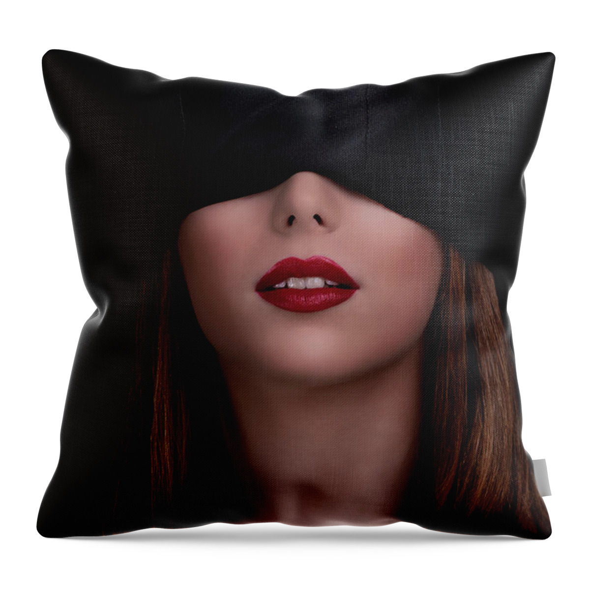 Woman Throw Pillow featuring the photograph Beautiful blindfolded woman with red lipstick by Mendelex Photography