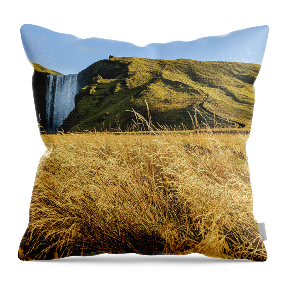 Skogafoss Throw Pillow featuring the photograph Beautiful Skogafoss Waterfall in Iceland at Autumn Daylight by Alexios Ntounas