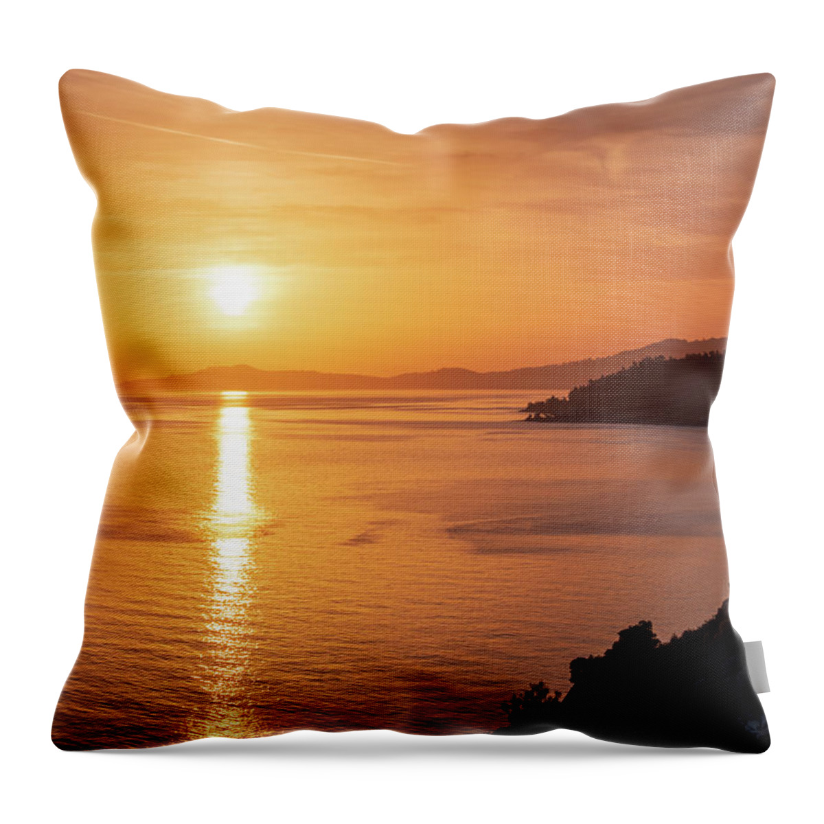 Sunset Throw Pillow featuring the photograph Beautiful Sunset with the Sun Shining Over the Sea at Halkidiki in Greece by Alexios Ntounas