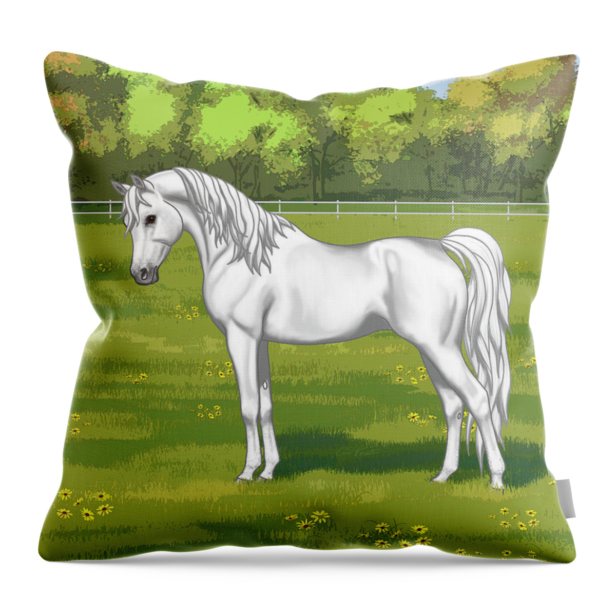 Horses Throw Pillow featuring the painting Beautiful White Gray Arabian Horse In Summer Pasture by Crista Forest