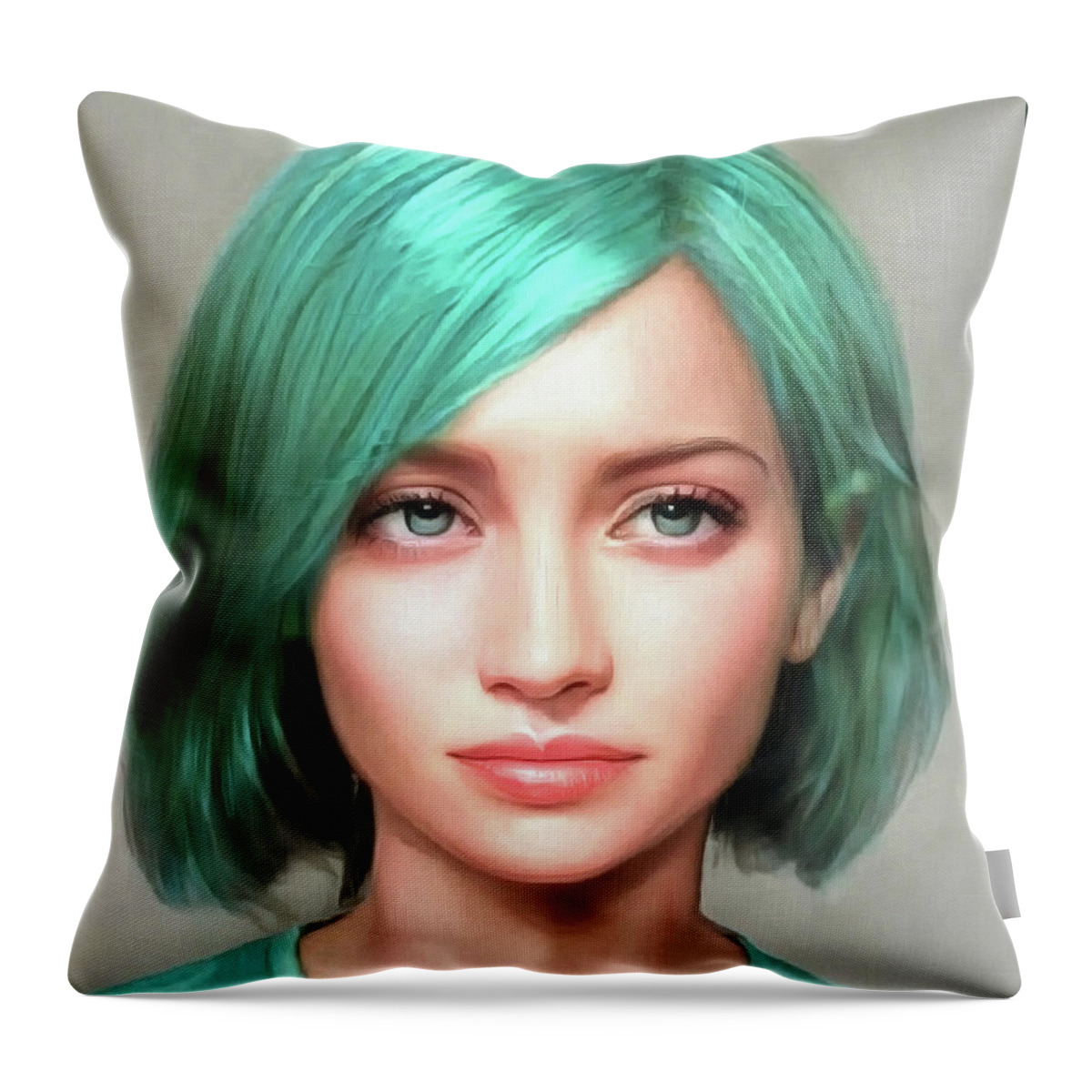 Woman Throw Pillow featuring the digital art Beautiful Woman with Green Hair Portrait 01 by Matthias Hauser