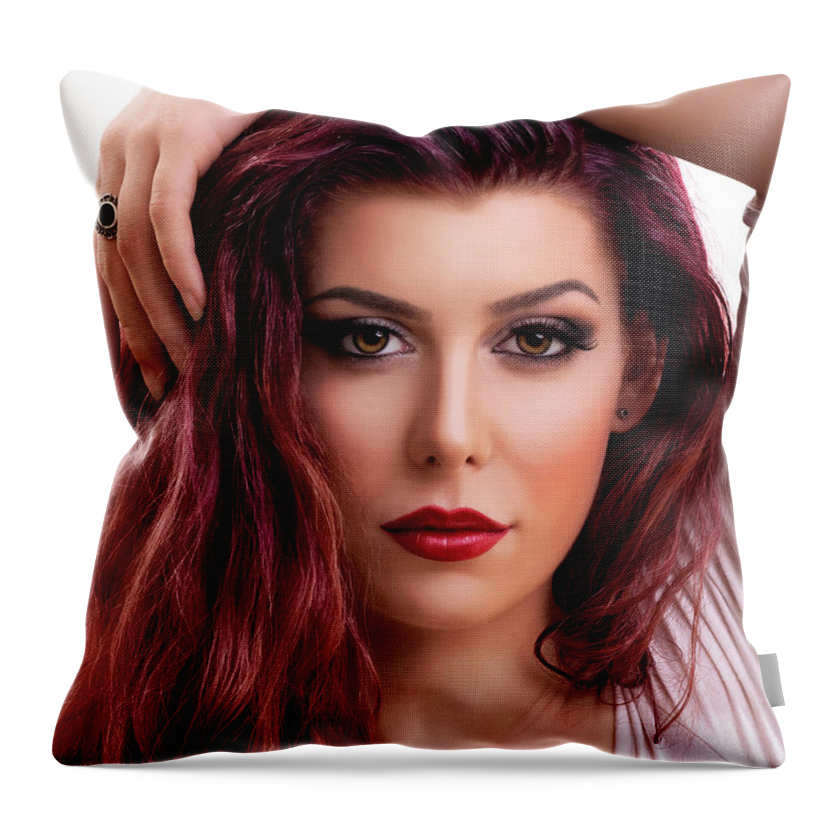 Make Up Throw Pillow featuring the photograph Beauty portrait of woman with smokey makeup by Mendelex Photography