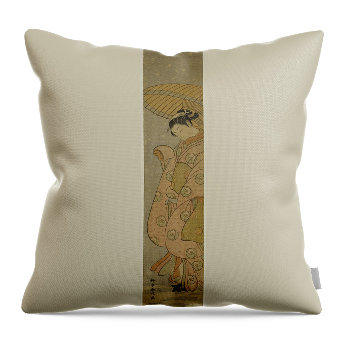 Beauty Under An Umbrella In The Snow C. 1770 Suzuki Harunobu Throw Pillow featuring the painting Beauty Under an Umbrella in the Snow c. 1770 Suzuki Harunobu by Artistic Rifki
