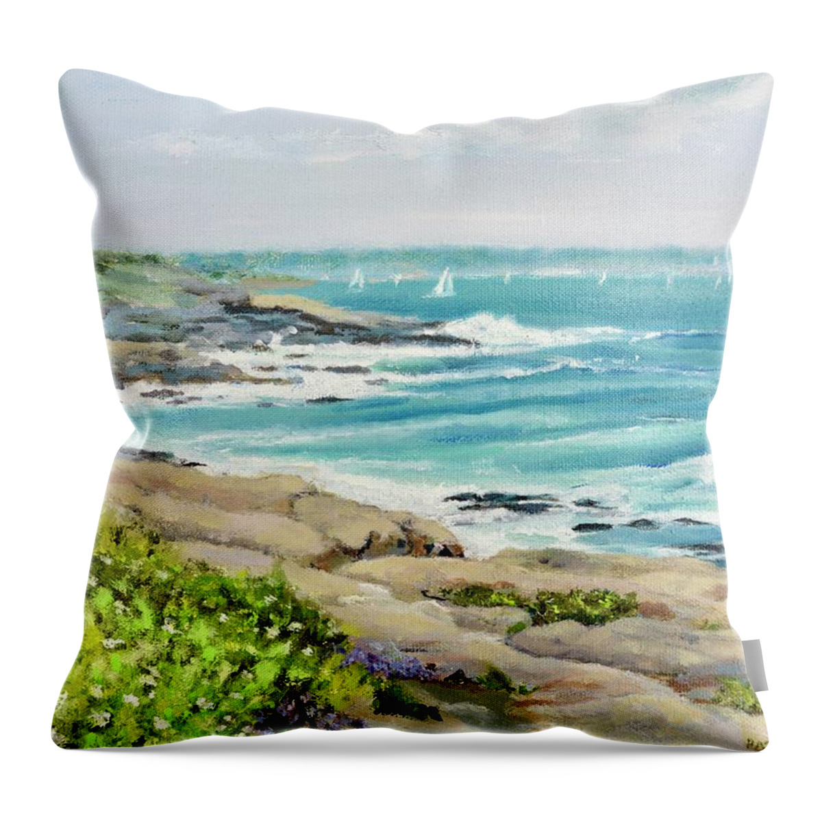 Beavertail Light Coast Throw Pillow featuring the painting Beavertail Light Coast Jamestown RI by Patty Kay Hall